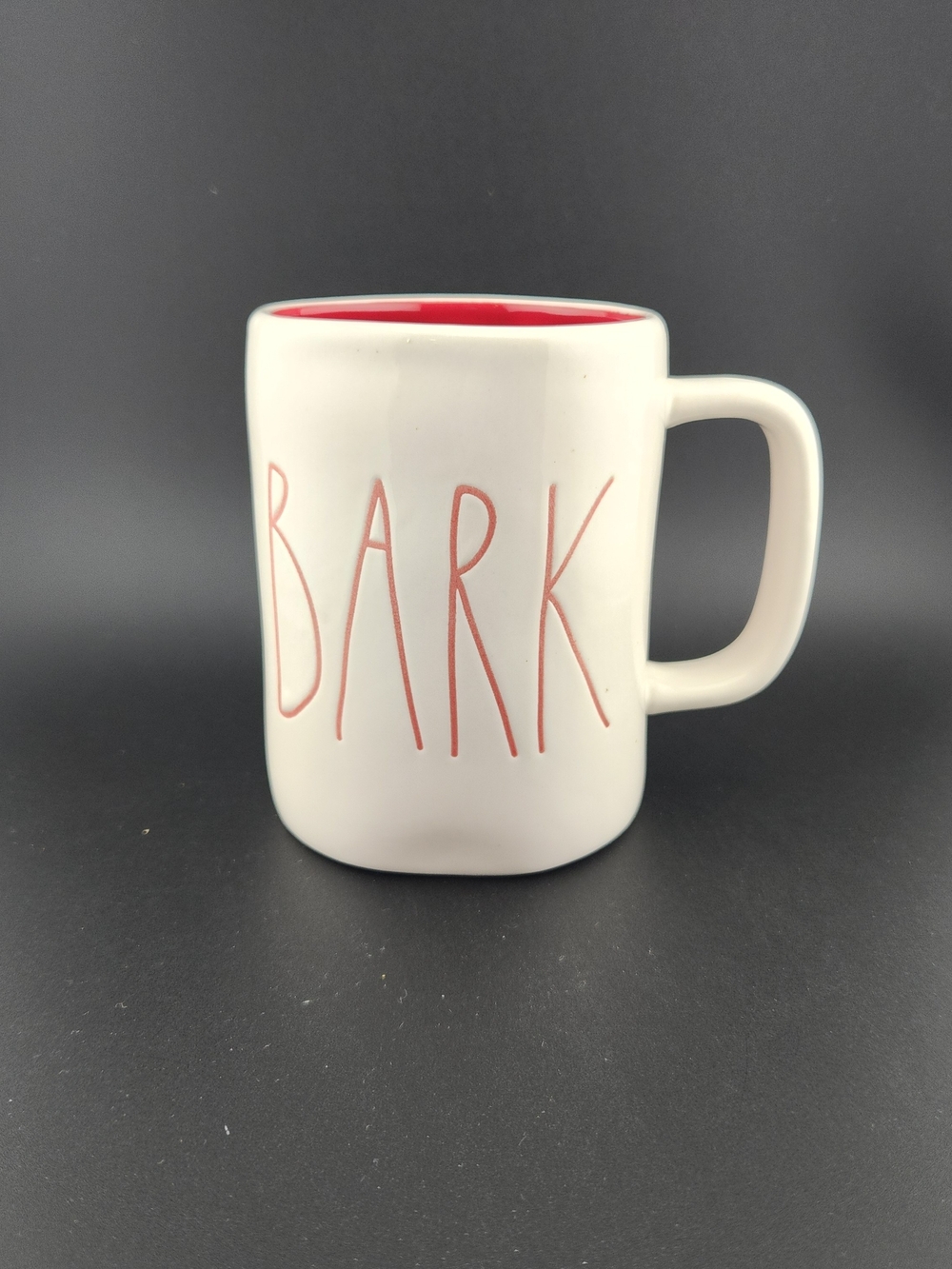 Rae Dunn White Ceramic 'BARK' Mug with Red Interior and Lettering